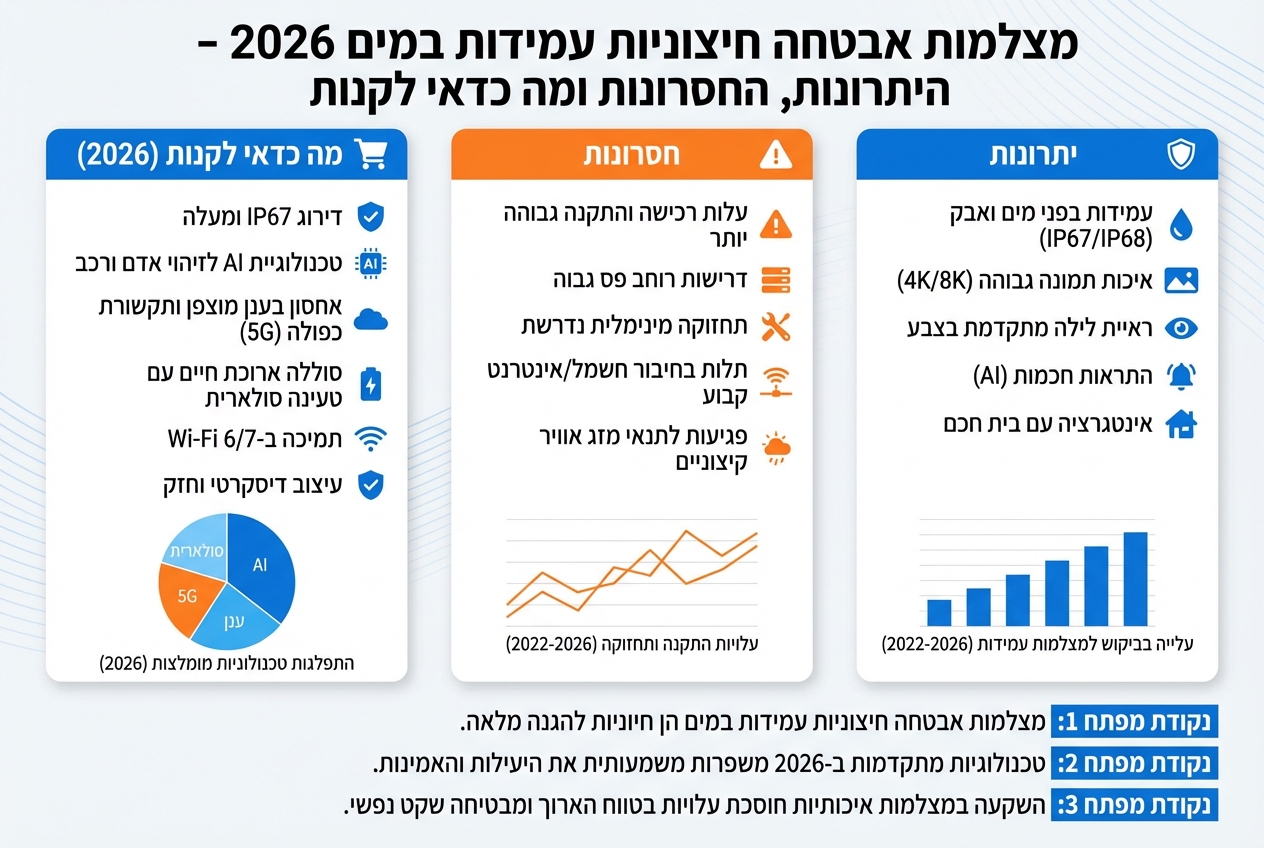 אינפוגרפיק - מצלמות אבטחה חיצוניות עמידות במים 2026 - היתרונות, החסרונות ומה כדאי לקנות