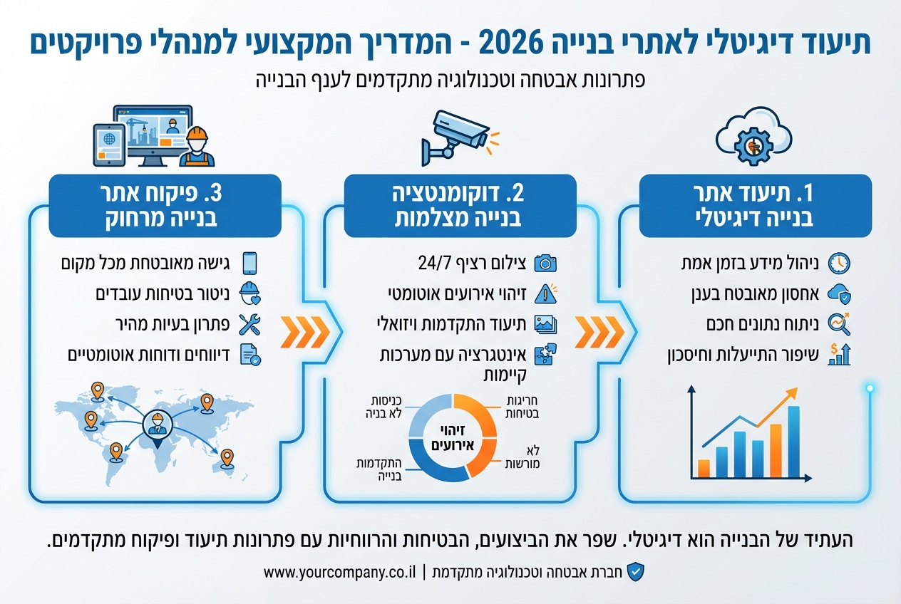אינפוגרפיק - תיעוד דיגיטלי לאתרי בנייה 2026 - המדריך המקצועי למנהלי פרויקטים