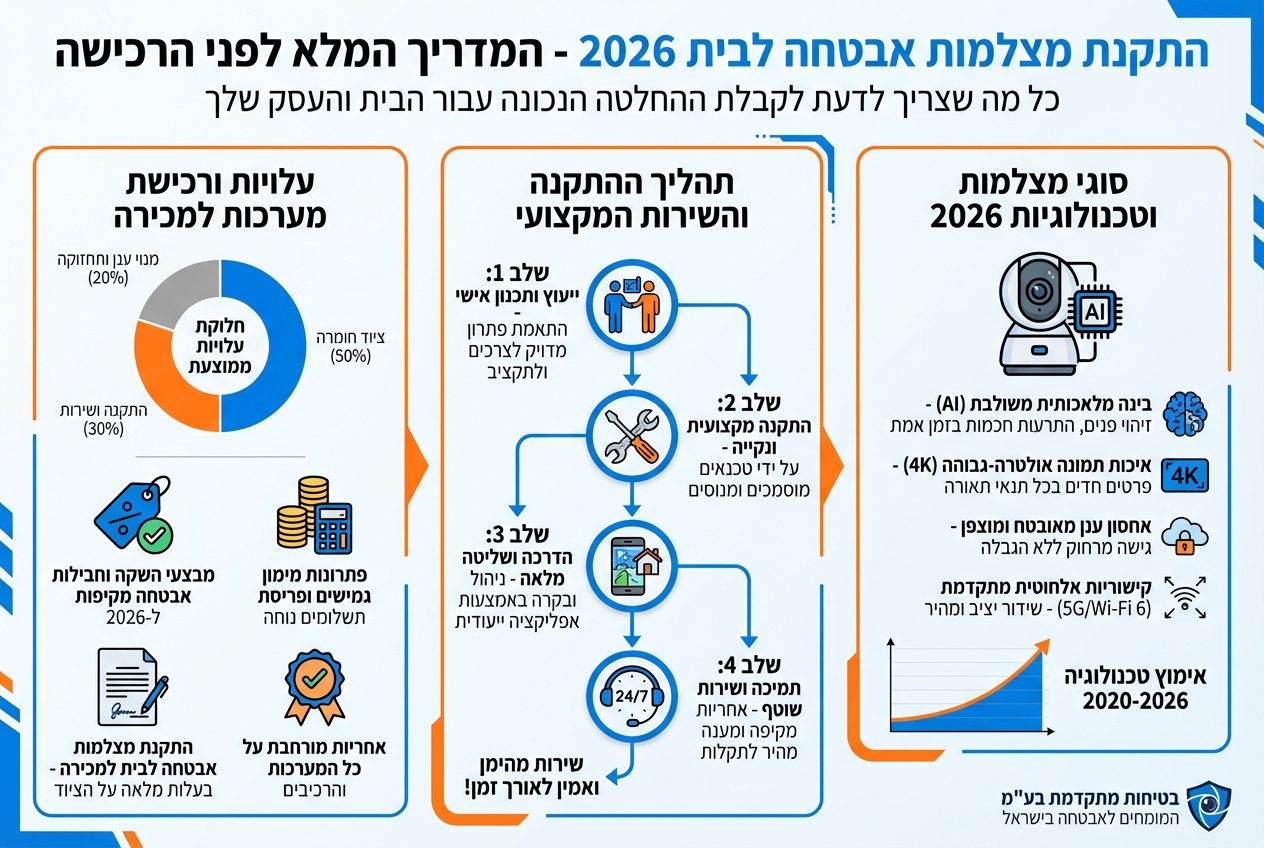 אינפוגרפיק - התקנת מצלמות אבטחה לבית 2026 - כל מה שצריך לדעת לפני הרכישה
