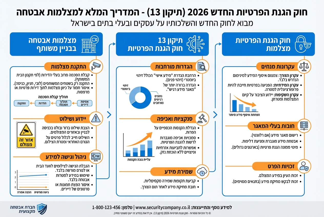 אינפוגרפיק - חוק הגנת הפרטיות החדש 2026 (תיקון 13) - המדריך המלא למצלמות אבטחה