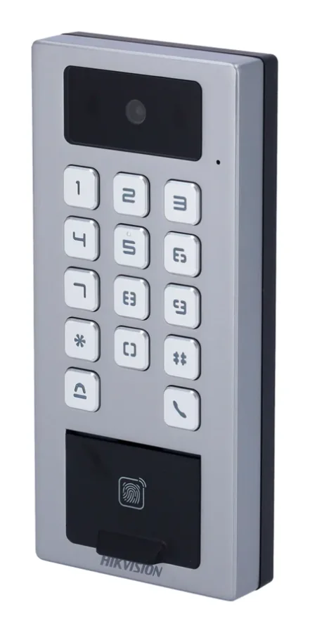 מסוף בקרת כניסה ואינטרקום Hikvision DS-K1T502DBFWX-C - טביעת אצבע, כרטיס Mifare/DESFire, קוד, QR, מצלמה ו