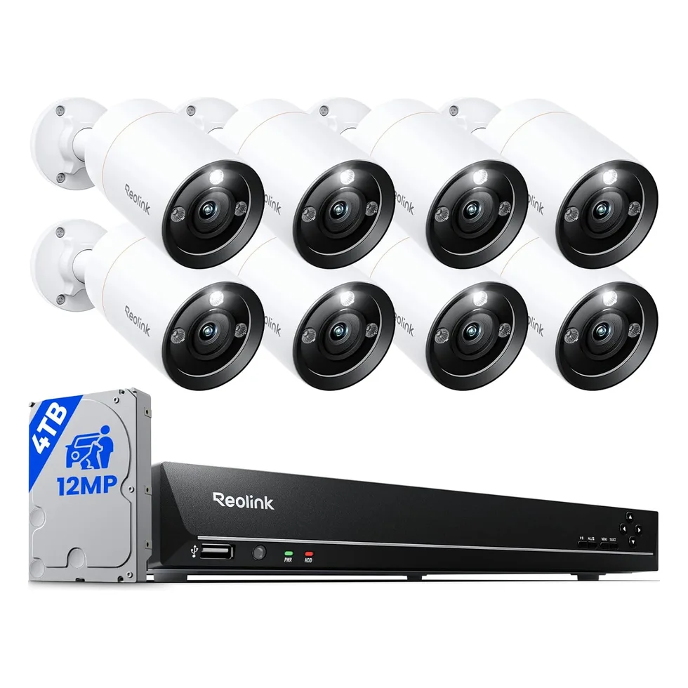 ערכת Reolink 12MP - מקליט NVR 16 ערוצים עם דיסק 4TB + 8 מצלמות צינור 12MP צבע 24/7, קושחה בעברית