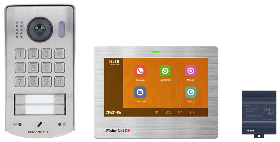 ערכת אינטרקום היברידית 2 גידים + IP VisionNet DH - מסך מגע 7" Wi-Fi עם אפליקציה + פנל S4 + ספק