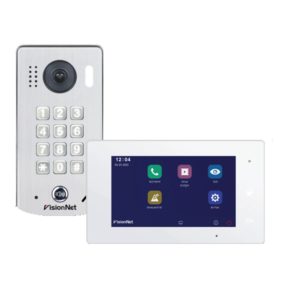 ערכת אינטרקום וידאו 2 גידים Wi-Fi לבית פרטי VisionNet KITCOM - מסך 7" + פנל מצלמה וקודן, אפליקציה, Plug & Play